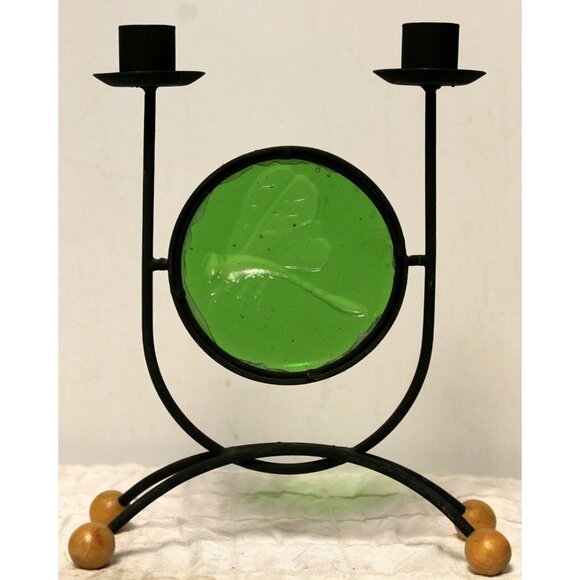 Black Metal Double Taper Dinner Candle Holder Green Glass Dragonfly Decor - Picture 4 of 10